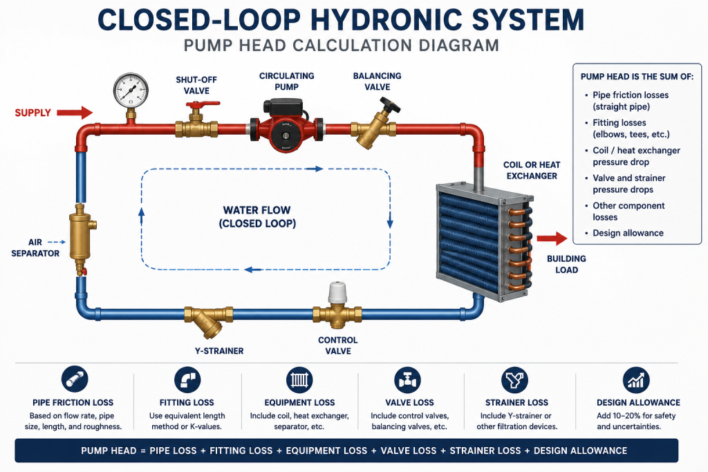Closed-loop hydronic pump head calculation diagram showing pump, supply and return piping, coil, valves, strainer, air separator, and water-flow direction.